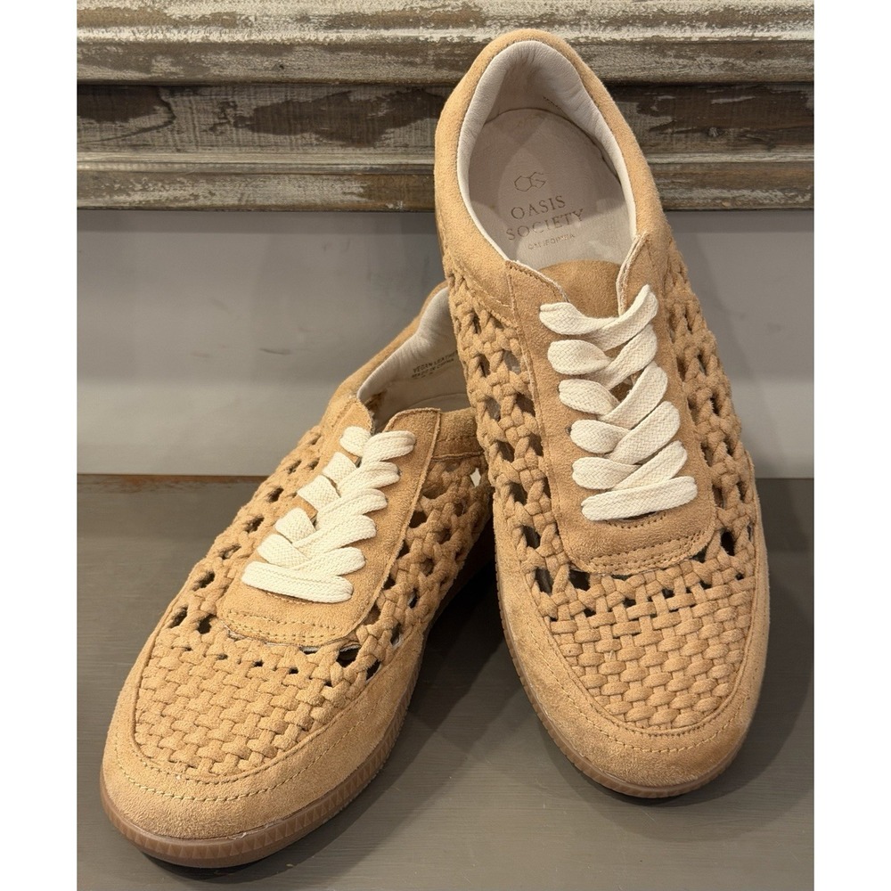 Oasis Society Woven Vegan Leather Sneakers Cognac Brown Low Top Lace Up Size 6.5